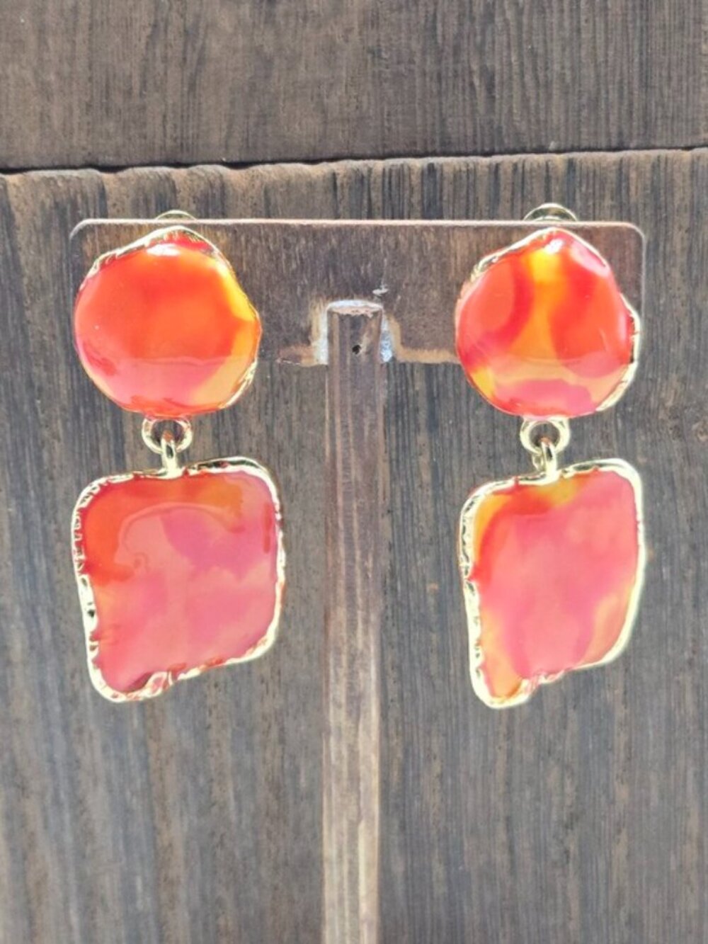 80's Orange Enamel Earrings Clip-On Gold Tone Dangle Drop Fashion Costume VTG